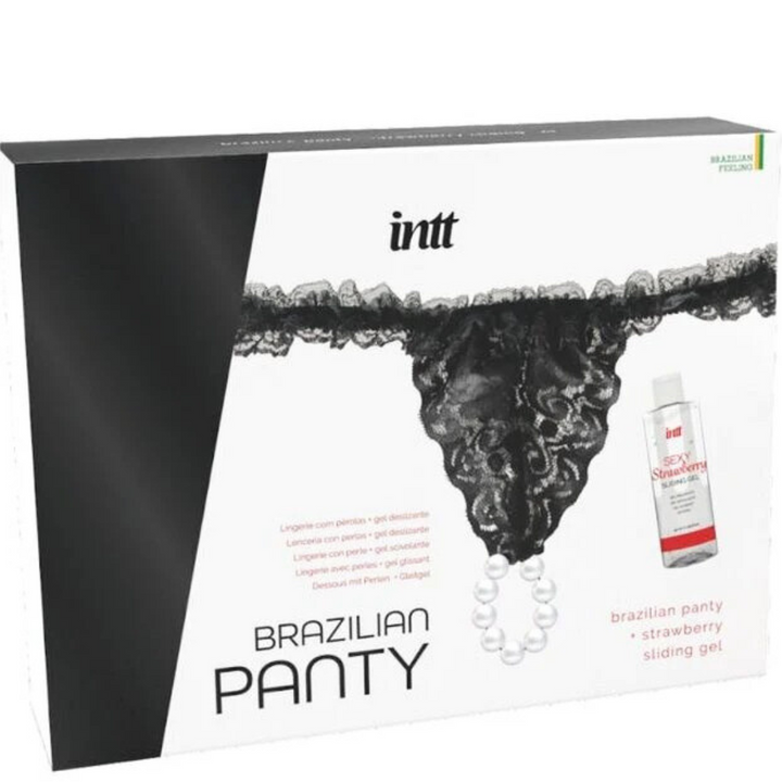 Conjunto Intt Tanga De Pérolas Preta e Lubrificante Morango